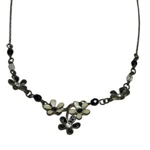 Black Enamel Flower Necklace Faceted Beads Floral Vine 16”
